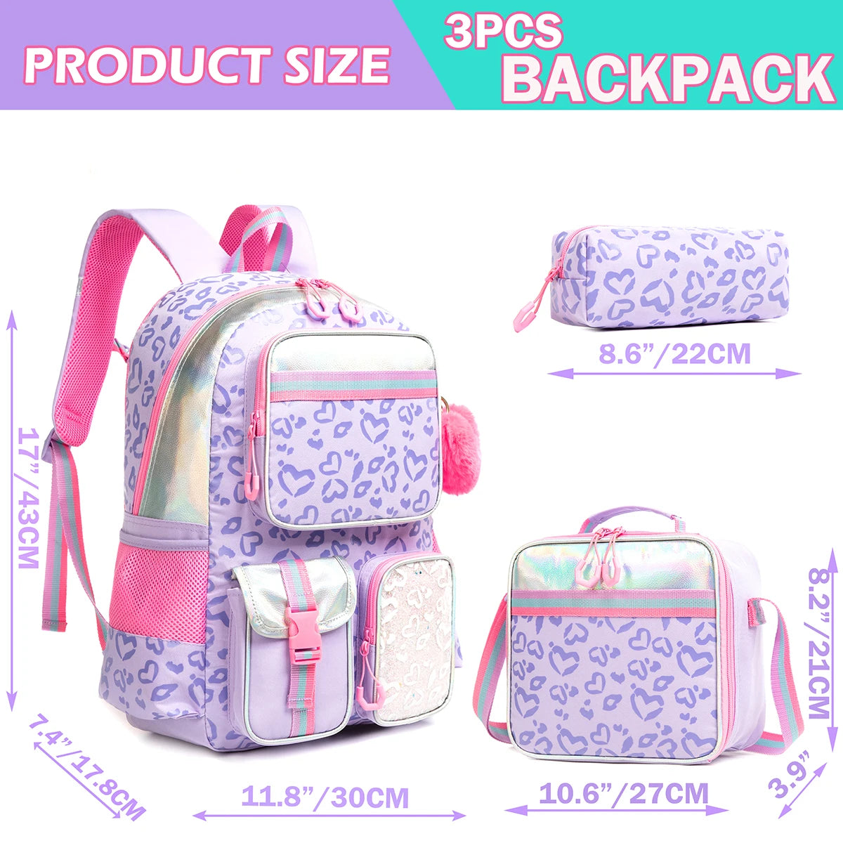 3pcs Pastel Printed Backpack set